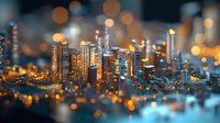 Modern cityscape with illuminated skyscrapers at dusk, featuring tilt-shift photography effect creating miniature toy-like appearance with soft bokeh lights and warm glowing atmosphere.