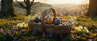 Wicker basket filled with colorful Easter eggs nestled among spring wildflowers in golden sunset light, perfect for holiday greeting cards and seasonal designs.