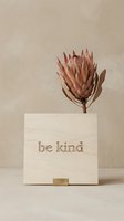 Dried protea flower above a wooden sign engraved with be kind, neutral beige background, boho minimalist home decor concept.