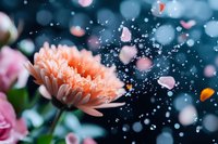 Delicate peach chrysanthemum flower with water droplets and bokeh effect against dark background, creating dreamy atmosphere with floating petals and sparkles.