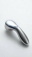 Modern chrome facial massage tool with LED light therapy for skincare routine and anti-aging treatment on white background.