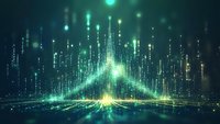 Futuristic digital cityscape with glowing green data streams and light connections forming geometric patterns against dark background. Network visualization concept.