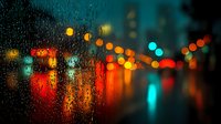 Rainy night city street with colorful bokeh lights reflecting on wet glass window creating atmospheric urban scene with water droplets and blurred traffic lights.