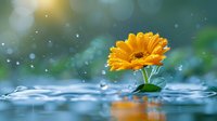Vibrant orange gerbera daisy flower in water with splashes and droplets against blurred turquoise background creating dreamy atmosphere in nature macro photography.