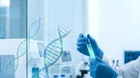 Scientist in blue gloves holds glowing test tube in lab with DNA helix overlay, representing genetics and biotechnology research.
