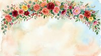 Watercolor floral garland with roses, peonies, and greenery arranged across top of soft pastel background, ideal for wedding invitations and greeting cards.