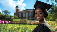 Young African American woman graduate in cap and gown smiling proudly on university campus with brick building and colorful flower garden background.