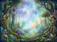 Enchanted forest landscape with towering trees, glowing magical light, and lush vegetation creating a mystical woodland gateway to nature's wonder.