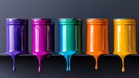Vibrant paint drips from colorful jars arranged in rainbow sequence against dark background, showing flowing liquid movement in purple, pink, turquoise, orange and yellow.