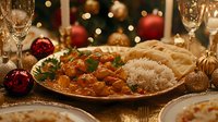 Festive dinner plate with chicken curry, basmati rice and naan bread served against blurred Christmas decorations and warm holiday lights background.