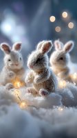 Adorable knitted bunny rabbits sitting in soft white snow with warm golden fairy lights creating magical winter holiday atmosphere for seasonal decorations.