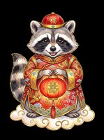 Cute raccoon wearing traditional red and gold ceremonial robes with matching hat, holding a red lantern, standing on decorative cloud base. Isolated on transparent background, ready for t-shirts, stickers, clipart, sublimation and print-on-demand designs.