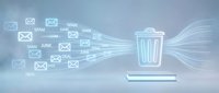 Neon trash bin icon with flowing email and spam symbols converging into delete function, representing digital waste management and email filtering technology.