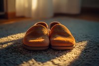 Brown leather slippers on carpet in warm sunlight creating cozy home atmosphere for relaxation and comfort lifestyle concepts.