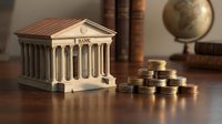 Miniature bank building model with classical columns next to stacked gold coins on wooden desk with vintage books and globe in background for finance concepts.