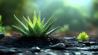 Vibrant green succulent plant growing in dark soil with water droplets, creating a moody garden atmosphere with soft bokeh background and morning dew effect.