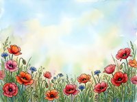 Watercolor wildflower meadow border with red poppies and pink blooms on soft pastel background for spring greeting cards and botanical designs.