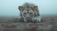 Male lion resting with head on paw against blurred background, dramatic close-up portrait showing facial features and mane in moody atmospheric lighting.