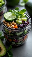 Fresh vegetarian meal prep bowl with chickpeas, cucumber, red cabbage, lime and mint. Healthy plant based lunch in plastic container for takeaway.
