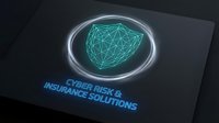 Glowing neon shield with geometric wireframe design and cyber risk insurance solutions text on dark surface for technology and security concepts.