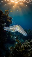 Cuttlefish swimming in coral reef with sunbeams filtering through water creating dramatic underwater scene for marine biology and ocean conservation content.