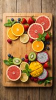 Fresh tropical and citrus fruits arranged on wooden cutting board with mint leaves for healthy eating and vitamin-rich diet preparation.