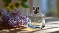 Elegant perfume bottle with transparent liquid next to purple lilac flowers on wooden surface in soft natural light.