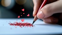 Female hand drawing small red hearts with pencil on blue paper, romantic creative process with heart confetti and bokeh lights in background.