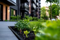 Modern residential building exterior with landscaped garden bed featuring fresh green plants along concrete walkway, urban architecture and greenery.
