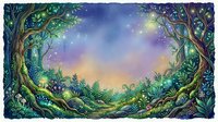 Enchanted forest landscape with glowing trees, magical starry sky, and luminescent plants creating a mystical woodland scene for fantasy and nature designs.