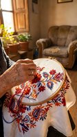 Senior woman hands embroidering colorful floral pattern on white fabric in wooden hoop at cozy home interior with natural window light and vintage furniture.