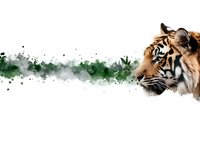 Majestic tiger profile with intense blue eyes and black bird against abstract green watercolor splash background on white, wildlife conservation concept art.