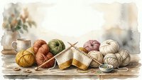 Knitting needles and yarn balls in various colors arranged on wooden surface with watercolor background, suitable for craft, hobby, and DIY projects.