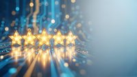Five golden stars glowing on digital circuit board with bokeh lights representing customer feedback rating system for business excellence and quality service.