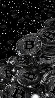 Metallic cryptocurrency coins floating in dark space with glowing stars and particles, creating dramatic lighting effects and depth in monochrome style.