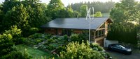 Modern eco-friendly house with solar panels and lush garden surrounded by green forest trees. Sustainable living concept for environmental architecture.