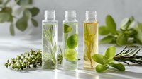 Aromatic herb infused oils in glass bottles with fresh rosemary, thyme, and mint on white background for natural skincare and culinary use.