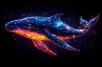 Mystical glowing whale swimming through cosmic space, illuminated with vibrant blue and orange nebula effects against starry dark background.