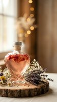 Heart-shaped glass bottle with pink liquid on wooden slice surrounded by dried lavender and flowers with warm bokeh lights in cozy interior setting.