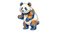 Watercolor panda cub with warm orange and blue tones, isolated on white background. Suitable for children's books, nursery decor, apparel design, and educational materials.