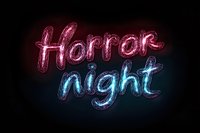 Neon sign spelling Horror night in glowing pink and blue letters against dark background for Halloween events and spooky entertainment promotions.