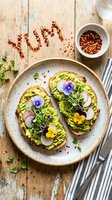 Avocado toast with edible flowers, radish slices, and microgreens on rustic plate, red pepper flakes spelling YUM on wooden table.