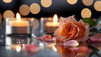 Romantic peach rose with glowing candles and bokeh lights reflected on glossy surface, creating dreamy atmosphere for Valentine's Day or wedding celebration.