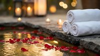Luxury spa setting with rolled white towels on stone surface, scattered red rose petals and warm candles creating romantic wellness atmosphere.