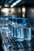 Laboratory glass vials with blue caps containing clear liquid samples on metal rack in modern research facility with blurred equipment background.