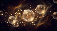 Golden bubbles floating in cosmic space with sparkling lights and nebula background for luxury design projects and festive celebrations.