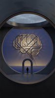 Man standing in futuristic tunnel viewing geometric brain neon sign against twilight sky. Surreal architectural interior with glowing neural network symbol. Concept for artificial intelligence, innovation, technology, and future vision.