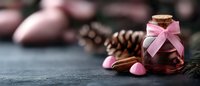 Romantic chocolate gift jar with pink ribbon bow surrounded by heart-shaped candies and pine cones on dark surface for Valentine's Day celebrations.