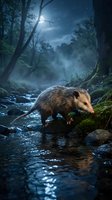 Opossum drinking from forest stream at night under moonlight with misty atmosphere and moss-covered rocks in natural woodland habitat.