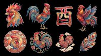 Rooster illustrations in Asian style with ornamental details, isolated on transparent background. Ready for t-shirt design, clipart, stickers, sublimation, and print-on-demand products.